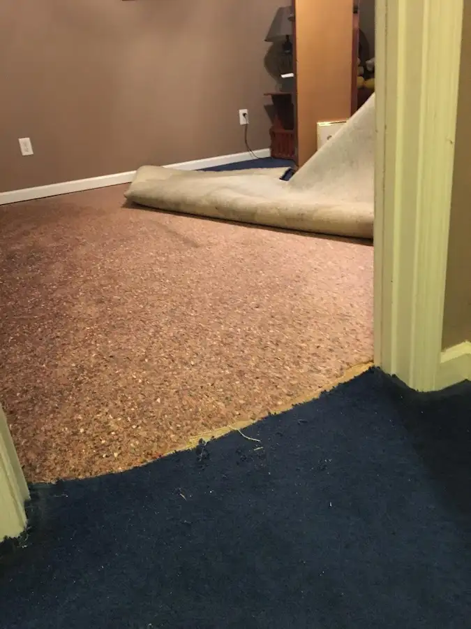 Carpet pad removal revealing water damage during Water Mitigation Services in Laredo